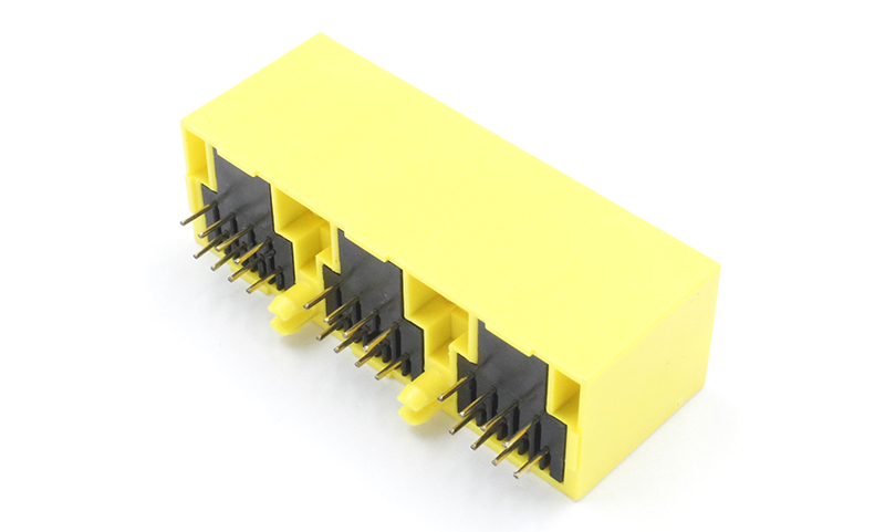 全塑亮黄色直立式180度三口RJ45连接器