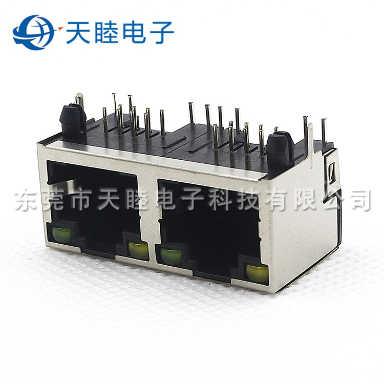 1X2 两口RJ45 8P8C网络插座 带LED灯带铜壳