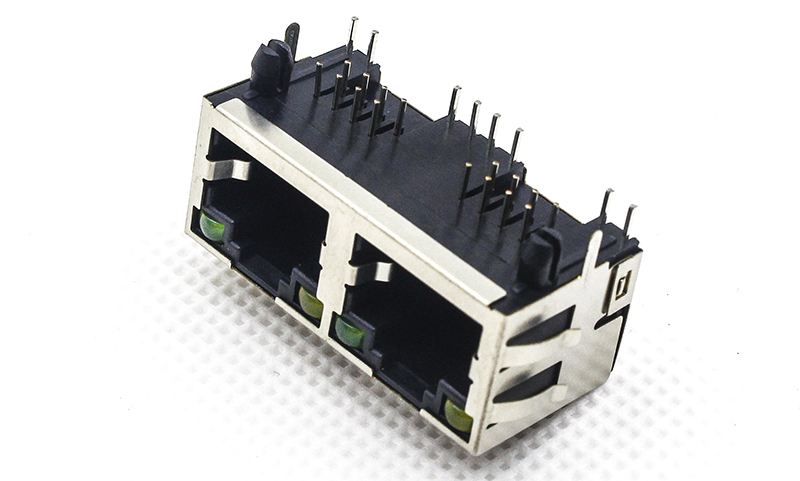 8P8C RJ45双口1X2网络插座 带弹片LED灯左黄右绿