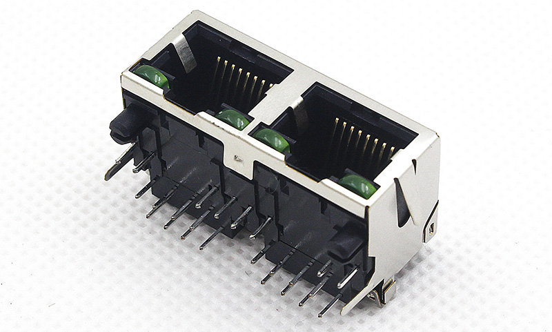 双口90度窗口朝下RJ45网络母座 带LED网络连接器