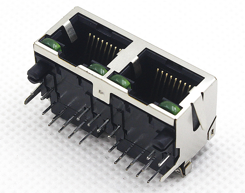 双口90度窗口朝下RJ45网络母座 带LED网络连接器